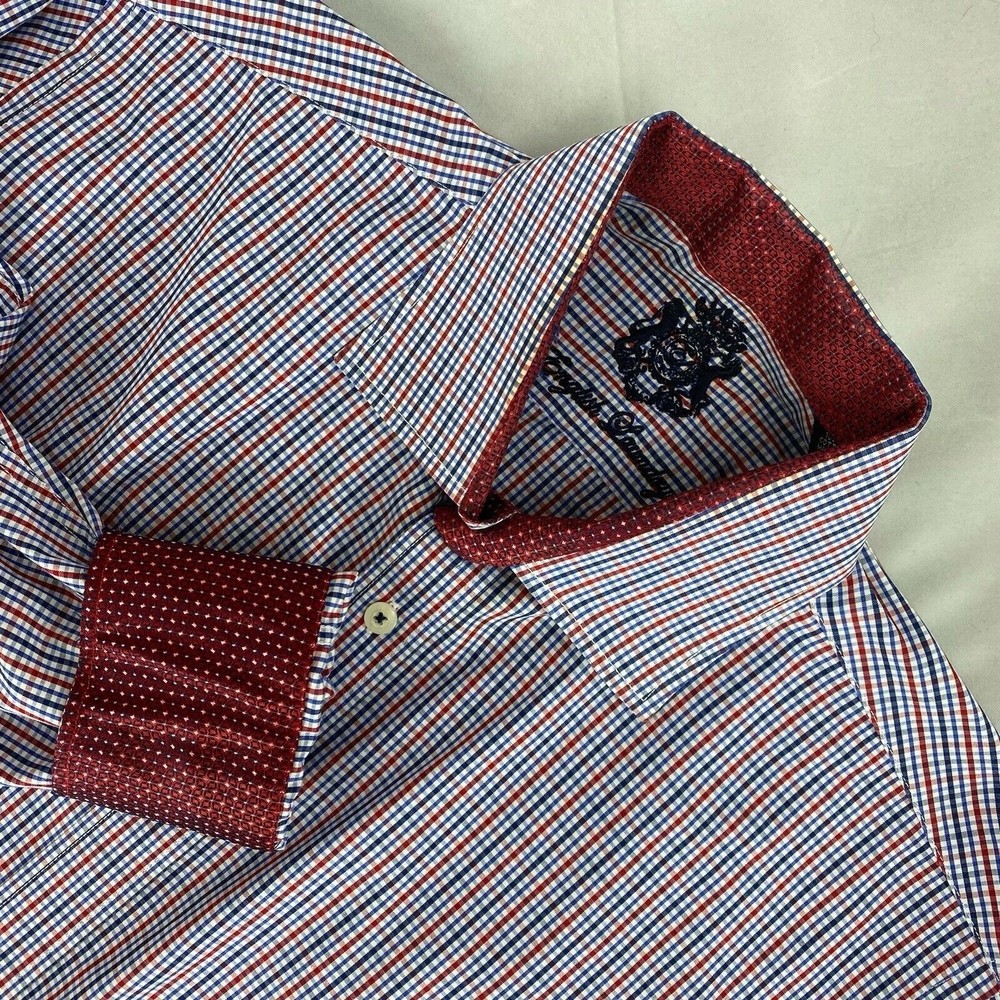 English Laundry Men's Blue Red Mini Plaid Flip Cuff Long Sleeve Shirt 16 34-35